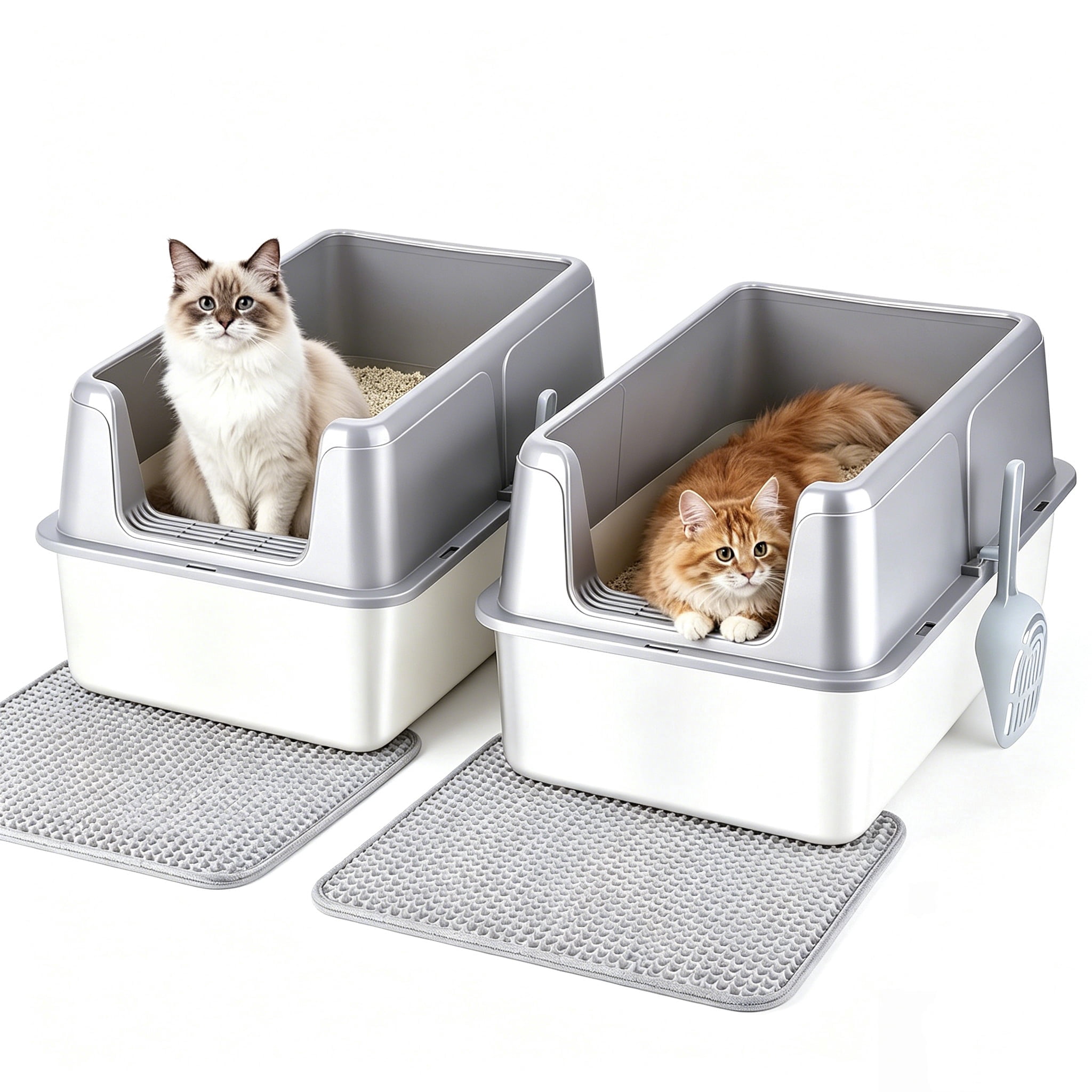 DUNCHATY 2-Pack Stainless Steel Cat Litter Box – Jumbo, High Sides, Leak-Proof, Includes Scoop & Mat, Gray