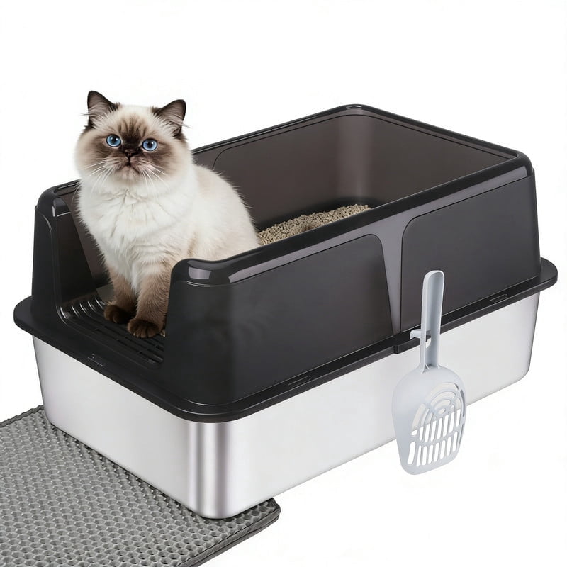 DUNCHATY Stainless Steel Cat Litter Box, Large Open Top Litter Pan for Big Cats & Maine Coons, High Sided Anti-Track Anti-Leak Design, with Scoop & Mat Included, Black