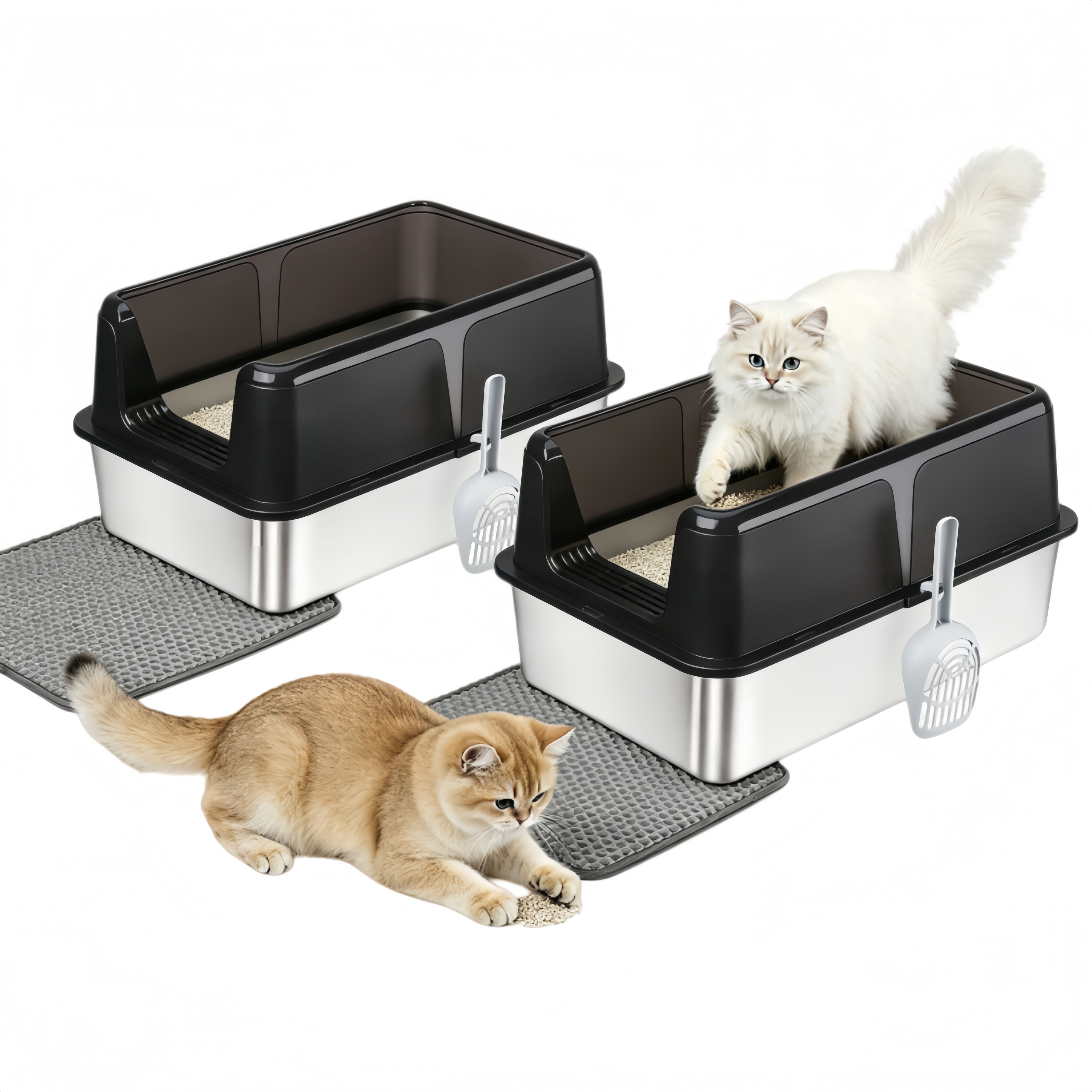 DUNCHATY 2-Pack Stainless Steel Jumbo Cat Litter Box, High-Sided Open Top Pan with Scoop & Mat, Leak-Proof & Easy Clean, Black