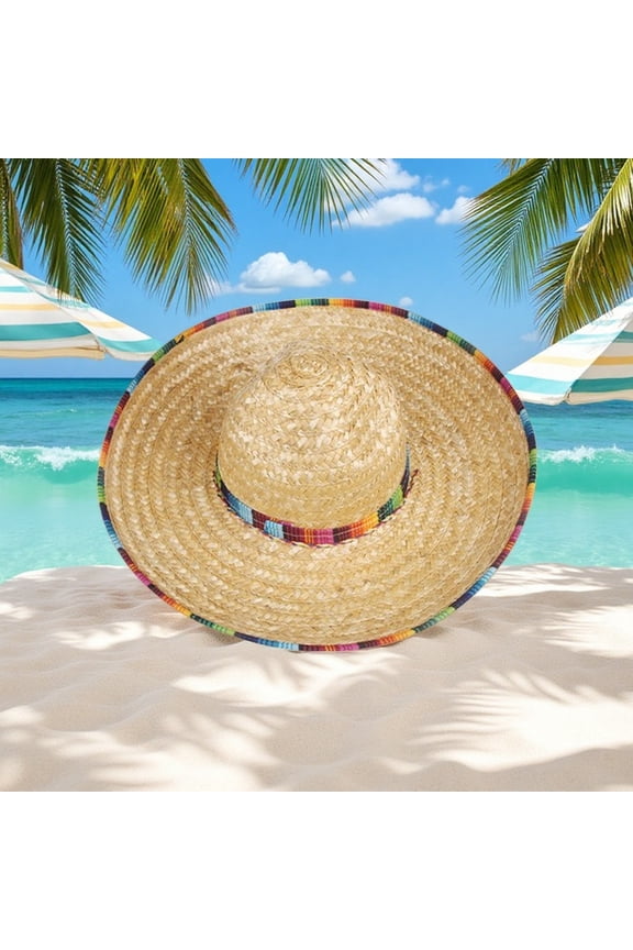 Traditional 18" Wide Straw Sombrero Hat for Men Women, Mexican Serape Style Costume Accessory with Chin Strap, Woven Sun Hat for Beach Pool Summer Vacation, Cinco de Mayo Party Decor