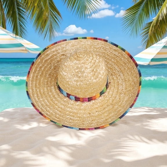 DUNCHATY Traditional 18" Wide Straw Sombrero Hat for Men Women, Mexican Serape Style Costume Accessory with Chin Strap, Woven Sun Hat for Beach Pool Summer Vacation, Cinco de Mayo Party Decor