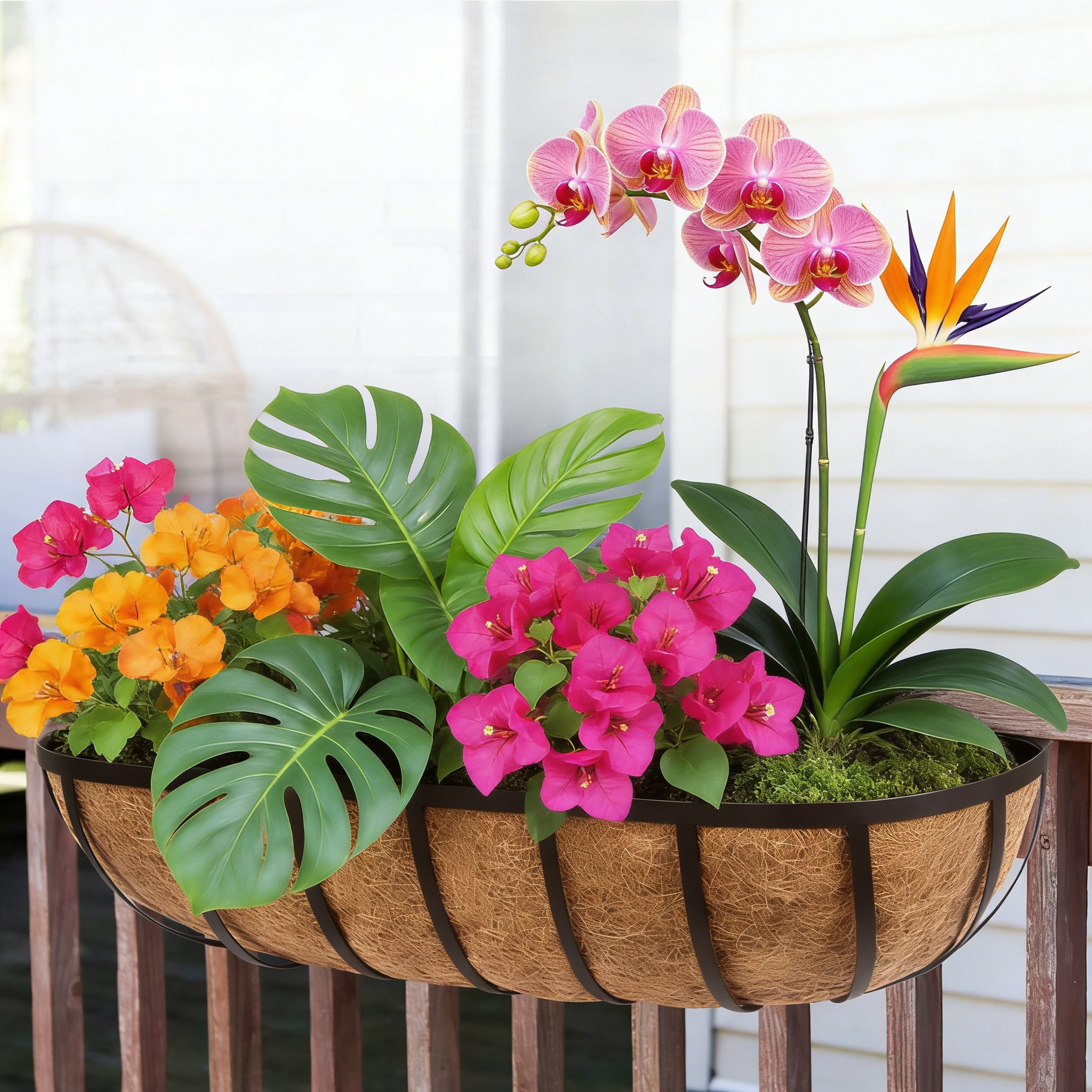 DUNCHATY Window Box Railing Planter 24 Inch with Coco Liner and Brackets, Outdoor Metal Planter for Fence, Porch, Patio, Balcony Garden Decor, Brown