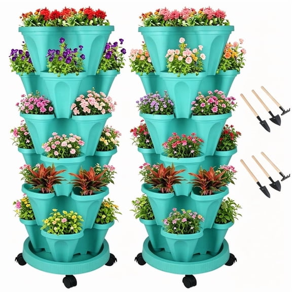 DUNCHATY2-Pack Stackable Vertical Planter Tower, 6-Tier Teal Mobile Herb & Vegetable Garden with Wheels & Planting Tools
