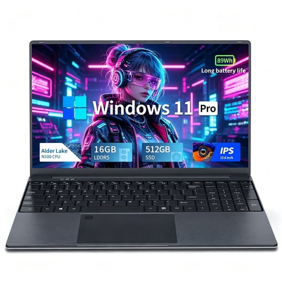 DUNHOO 15.6 Inch Windows 11 Laptop, Intel N100 (Up to 6MB 3.4GHz), 16GB RAM, 512GB SSD, Fingerprint Unlock, 89Wh Battery,
