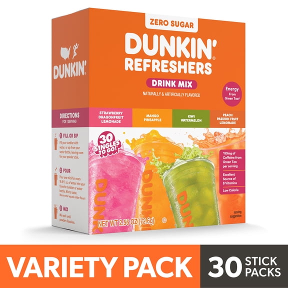 Dunkin' Refreshers Zero Sugar Singles to go Powdered Drink Mix Variety Pack, 30 Count Packets