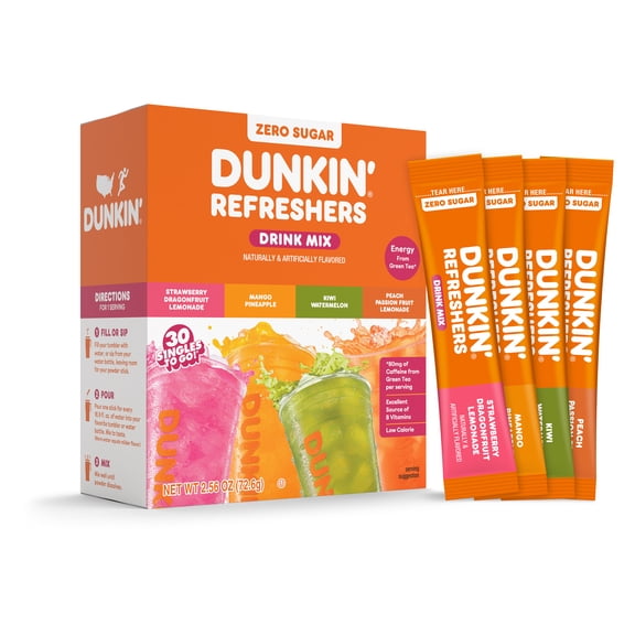 DUNKIN' Refreshers Zero Sugar Singles to Go Powdered Drink Mix Variety Pack, Strawberry Dragonfruit Lemonade, Mango Pineapple, Kiwi Watermelon, Peach Passion Fruit Lemonade, 30 Count Packets