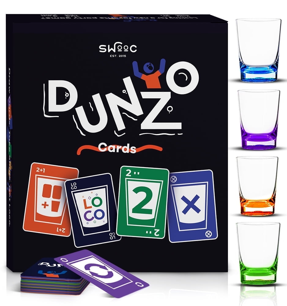DUNZO™ - Drinking Version of Classic Card Game with 4 Unbreakable Shot Glasses - Draw 2, Skip, Reverse, Get Loco