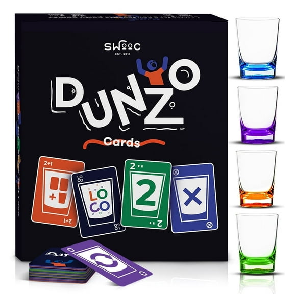 DUNZO - Drinking Version of Classic Card Game with 4 Unbreakable Shot Glasses - Draw 2, Skip, Reverse, Get Loco