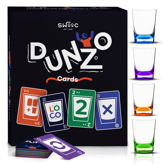 DUNZO - Drinking Version of Classic Card Game w/ 4 Unbreakable Shot Glasses