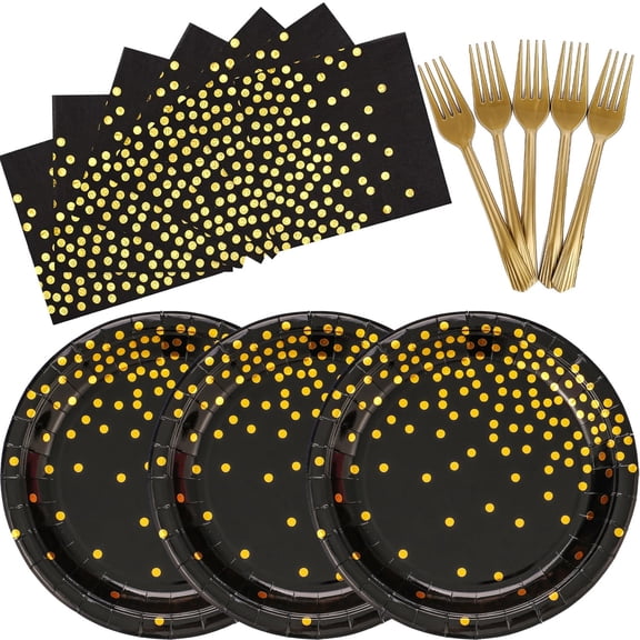 DUOCUTE 150 PCS Black and Gold AFN1Paper Plates Napkins Forks Party Supplies Serves 50, Golden Dot Disposable Paper Dinnerware 9" Plates for Birthday, New Years Eve, Graduation, Retirement Party