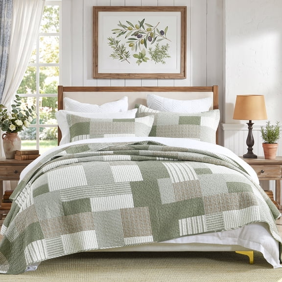 DUOHONG Quilt Set King Size, 100% Cotton Lightweight Reversible Patchwork Plaid Striped King Bedspread, 3-Piece Farmhouse Rustic Green Brown White Bed Quilt, 106 x 98