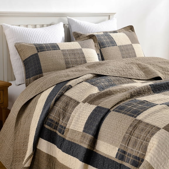 DUOHONG 100% Cotton Oversized King Bedspread-120x120 Lightweight All-Season Plaid Patchwork Quilt Set, Reversible Farmhouse Brown Beige Cream Quilted Bedspread,3 Pieces