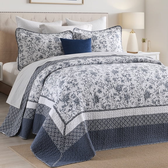 DUOHONG 100% Cotton Botanical Oversized King Bedspread,3 Pcs Lightweight Farmhouse Floral Quilt Bedding Set,Reversible Vintage Blue White Quilt Comforter