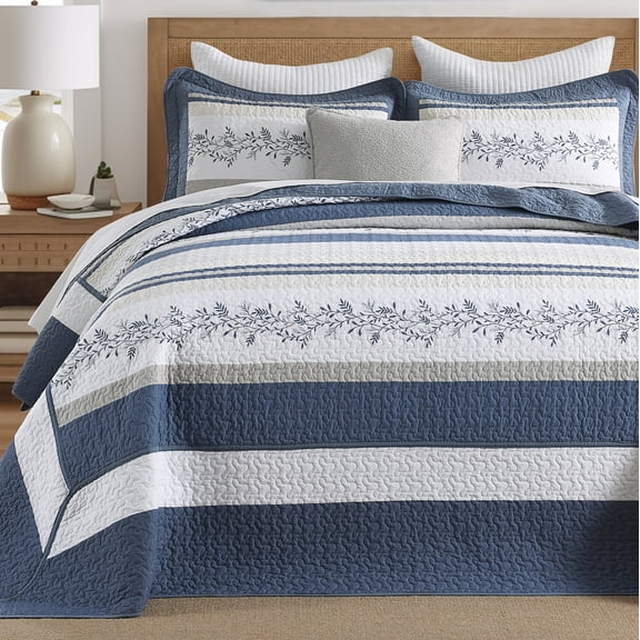 DUOHONG Botanical Oversized King Bedspread, 100% Cotton Reversible Lightweight Striped Casual Farmhouse Quilt Set, 3-Piece Navy Gray White Vine Quilted Coverlet Set, All Season, 120 x 120