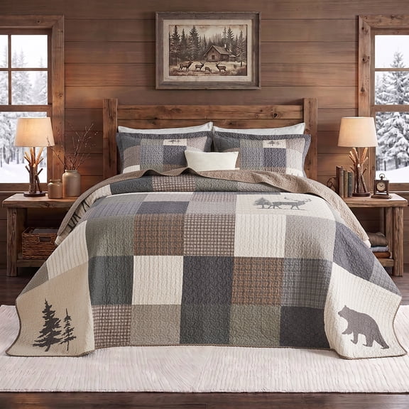 DUOHONG 3-Piece Cabin Oversized King Bedspreads,100% Cotton Lightweight Reversible Quilt Set,Forest Bear Deer Patchwork Pattern, Brown/Green/Beige