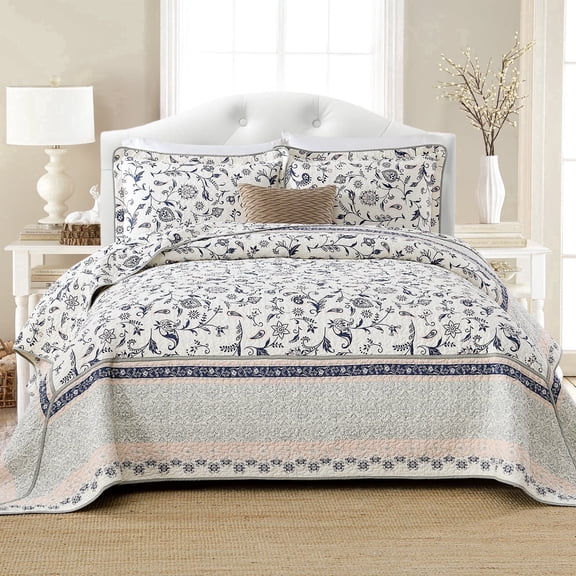 DUOHONG Botanical 102 x 120 Oversized Queen Quilt Set Bedspread, 100% Cotton Lightweight Farmhouse Floral Coverlet Comforter, 3-Piece Reversible Vintage Navy Gray Green Pink Bedding Set
