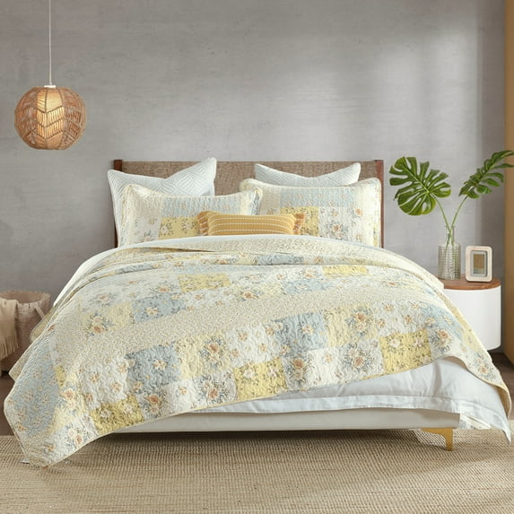 DUOHONG California King Quilt 128"W x 120"L - 100% Cotton Reversible Lightweight Oversized Bedspread with 2 Pillow Shams, Yellow/Cream White