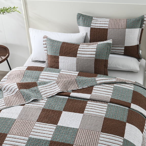DUOHONG Cottage 3-Piece Farmhouse Plaid Brown Green Plaid Patchwork Quilt Sets, Queen