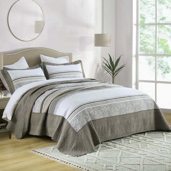 DUOHONG King Bedspread 100% Cotton Farmhouse Reversible Bedding Set, Brown/Gray/Beige, 120"W x 120"L