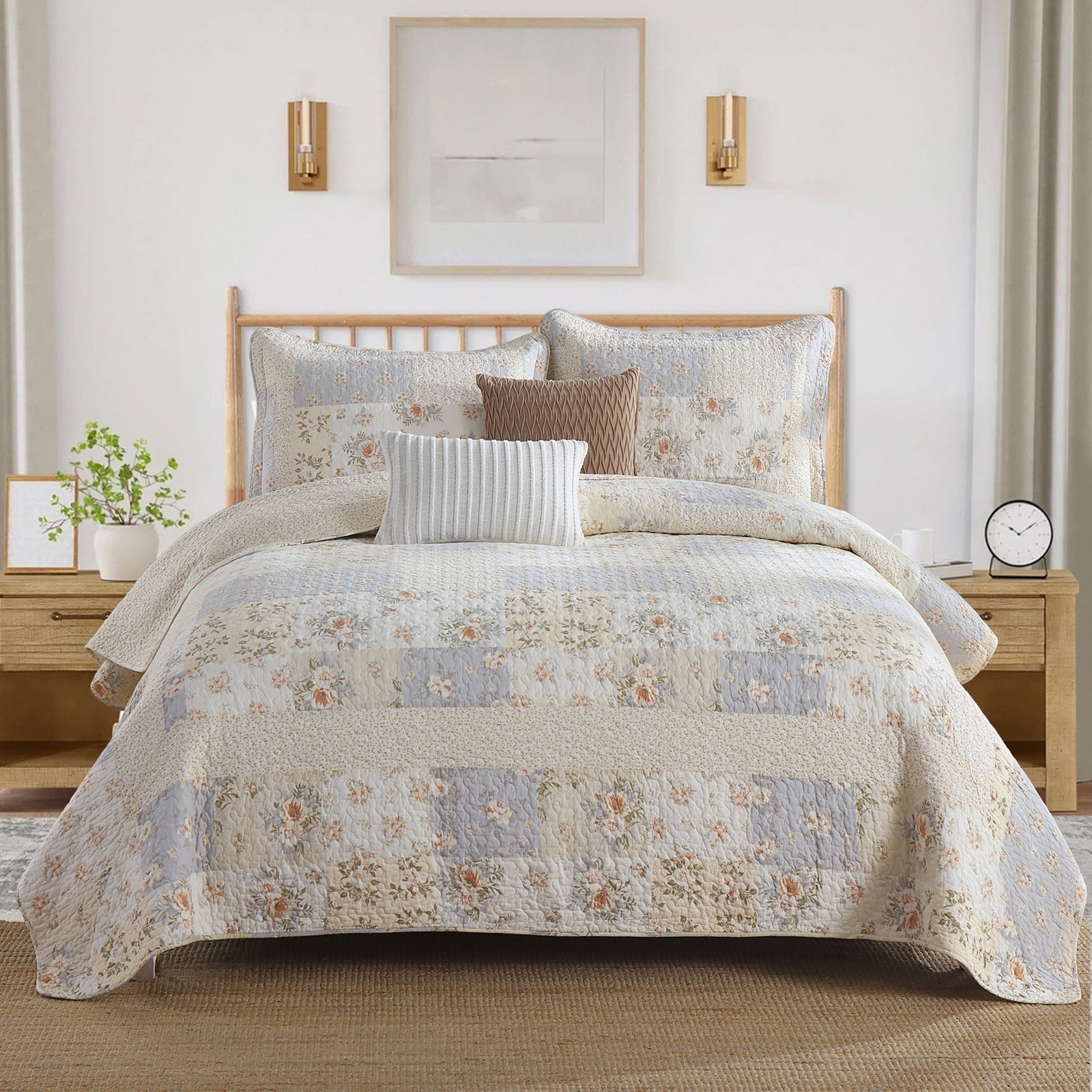 DUOHONG King Bedspread 120"W x 120"L - 100% Cotton Reversible Lightweight Oversized Quilt with 2 Pillow Shams, Beige/Brown/Cream White