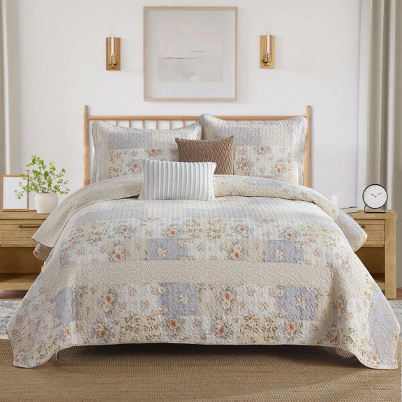 DUOHONG King Bedspread 120"W x 120"L - 100% Cotton Reversible Lightweight Oversized Quilt with 2 Pillow Shams, Beige/Brown/Cream White