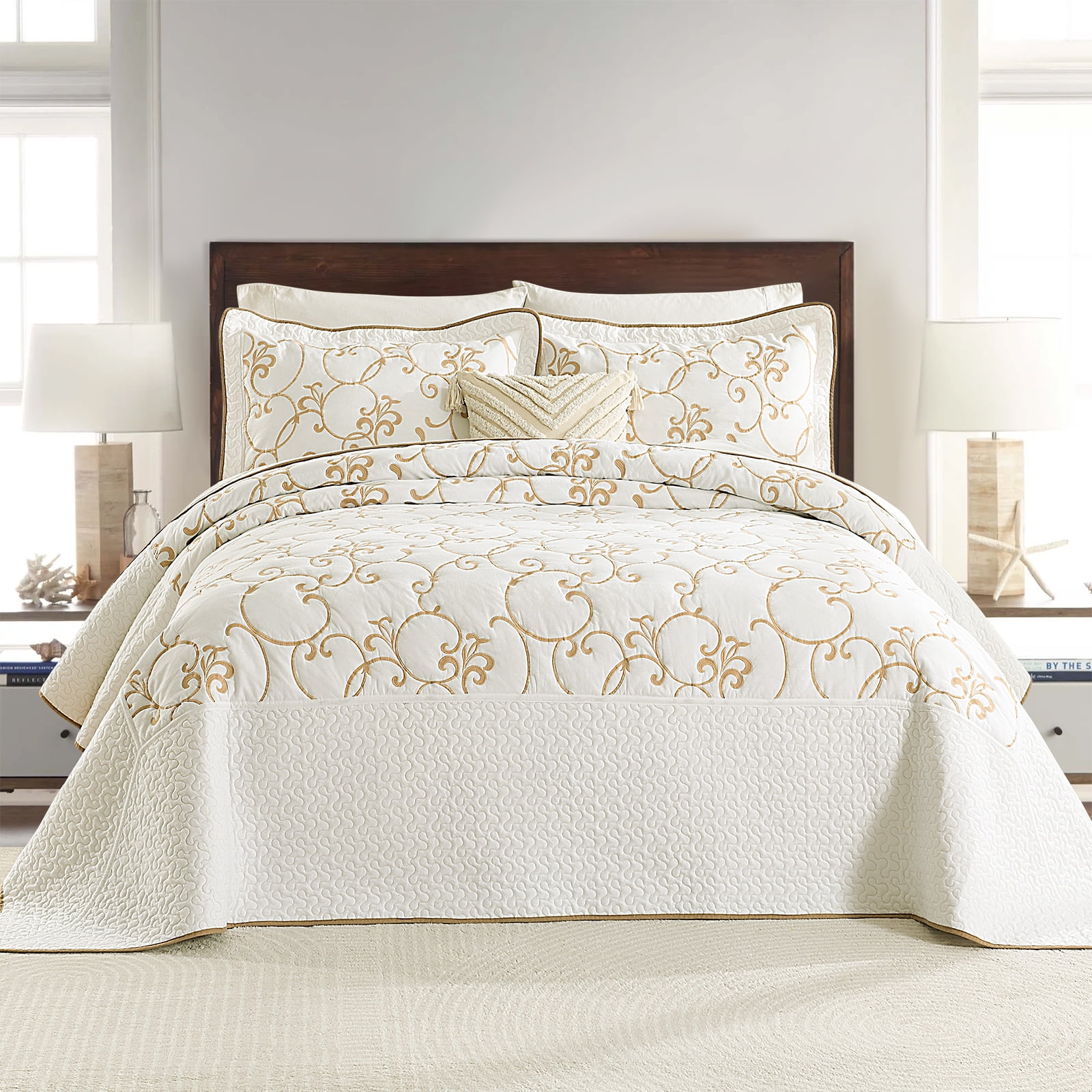 DUOHONG King Bedspread 120"W x 120"L - 100% Cotton Reversible Lightweight Oversized Quilt with 2 Pillow Shams, Beige/White