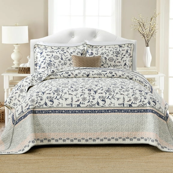 DUOHONG King Bedspread 120"W x 120"L - 100% Cotton Reversible Lightweight Oversized Quilt with 2 Pillow Shams, Navy/Gray Green/Pink