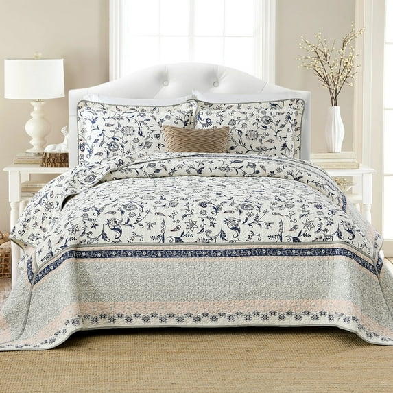 DUOHONG King Bedspread 120"W x 120"L - 100% Cotton Reversible Lightweight Oversized Quilt with 2 Pillow Shams, Navy/Gray Green/Pink