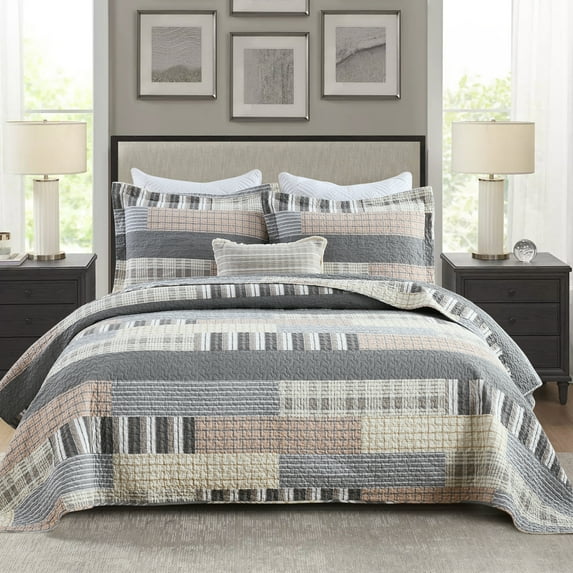 DUOHONG King Quilt Set 100% Cotton Farmhouse Lightweight Bedding Set, Brown/Grey, 106"W x 98"L