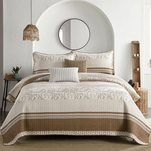 DUOHONG King Quilt Set 100% Cotton Farmhouse Lightweight Bedding Set, Brown/Taupe/Tannish Beige, 106"W x 98"L