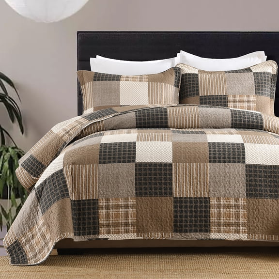 DUOHONG 100% Cotton King Quilt Set,106x98 Reversible Lightweight Plaid Patchwork Quilted Bedspread, 3-Piece Charcoal Beige Brown Quilt Comforter with Pillow Shams