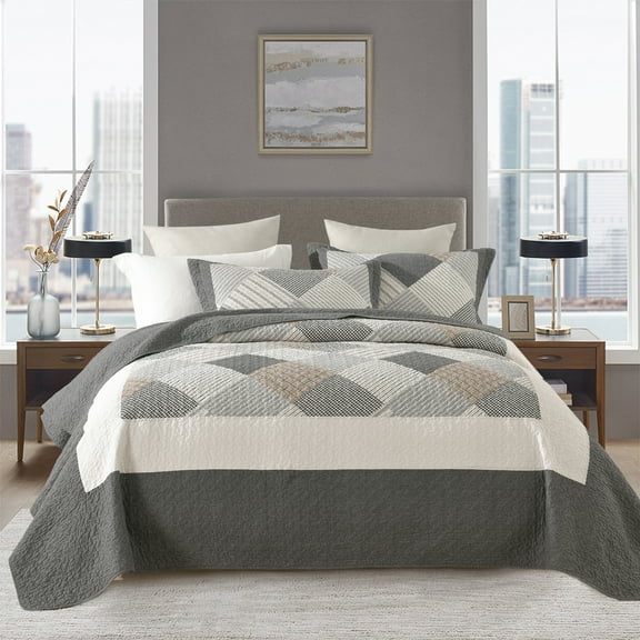 DUOHONG King Quilt Set 100% Cotton Farmhouse Lightweight Bedding Set, Dark-grey/White/Brown, 106"W x 98"L