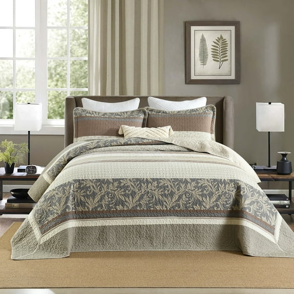 DUOHONG Oversized King Bedspread 100% Cotton Farmhouse Reversible Bedding Set, Beige/Brown/Grey, 128"W x 120"L