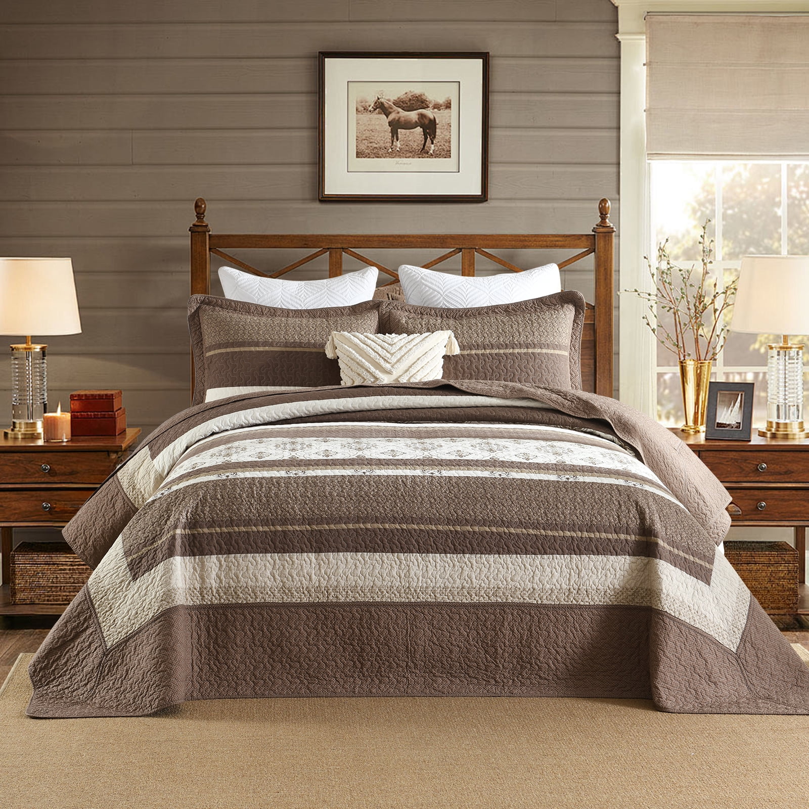 DUOHONG Queen Bedspread 100% Cotton Farmhouse Reversible Bedding Set, Beige/Dark Brown, 102"W x 120"L