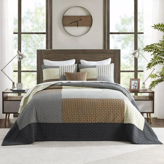 DUOHONG Queen Bedspread 100% Cotton Farmhouse Reversible Bedding Set, Brown/Gray/Beige/Black, 102"W x 120"L