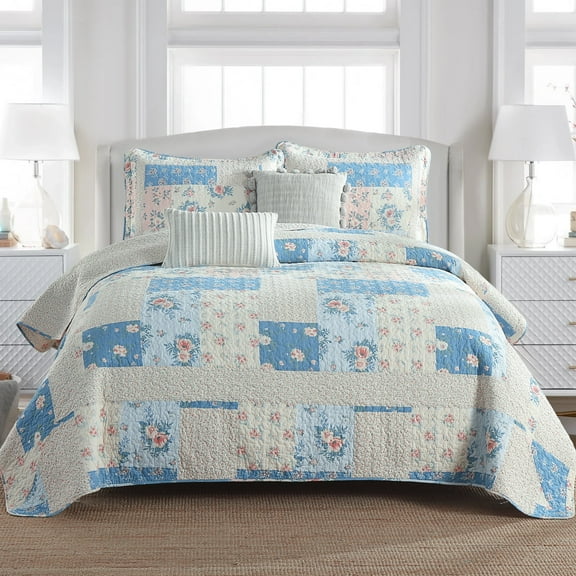 DUOHONG Queen Quilt 102"W x 120"L - 100% Cotton Reversible Quilted Bedspreads with 2 Pillow Shams, Farmhouse Floral Lightweight Bedspread Coverlet Sets, Blue/Cream White