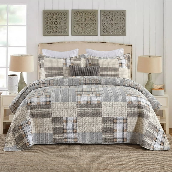 DUOHONG Queen Quilt Set 100% Cotton Farmhouse Lightweight Bedding Set, Beige/Grey/Tan, 90"W x 98"L