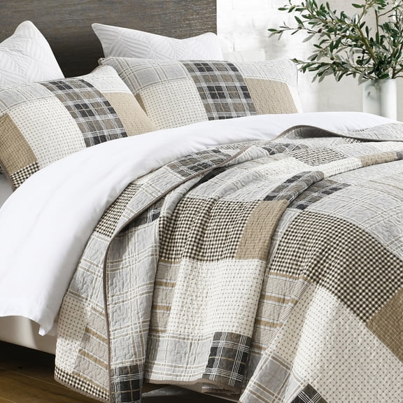 DUOHONG 90 x 98 Queen Quilt Set, 100% Cotton Lightweight Reversible Patchwork Plaid Queen Bedspread, 3-Piece Farmhouse Taupe Beige Gray Quilt for Queen Beds, All Season