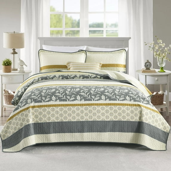 DUOHONG Queen Quilt Set 100% Cotton Farmhouse Lightweight Bedding Set, Gold/Gray/Beige, 90"W x 98"L