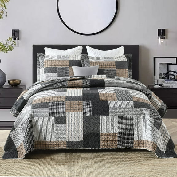 DUOHONG Queen Quilt Set 100% Cotton Farmhouse Lightweight Bedding Set, Gray/Brown/Black/White, 90"W x 98"L