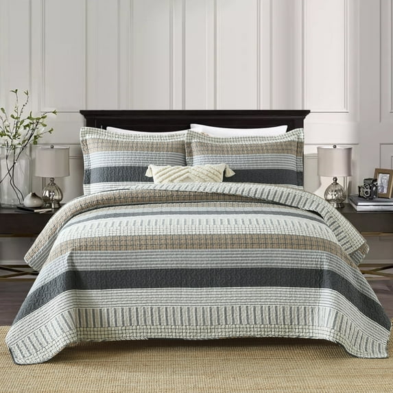 DUOHONG Queen Quilt Set 100% Cotton Farmhouse Lightweight Bedding Set, Grey/Brown/Beige/Black, 90"W x 98"L
