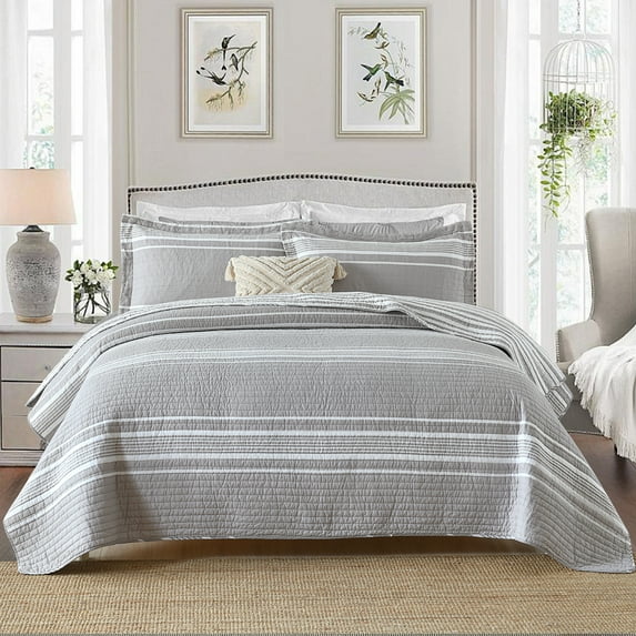 DUOHONG Queen Quilt Set 100% Cotton Farmhouse Lightweight Bedding Set, Grey/White, 90"W x 98"L