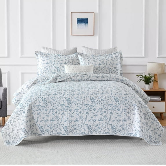 DUOHONG Queen Quilt Set 100% Cotton Farmhouse Lightweight Bedding Set, White/Blue/Floral, 90"W x 98"L