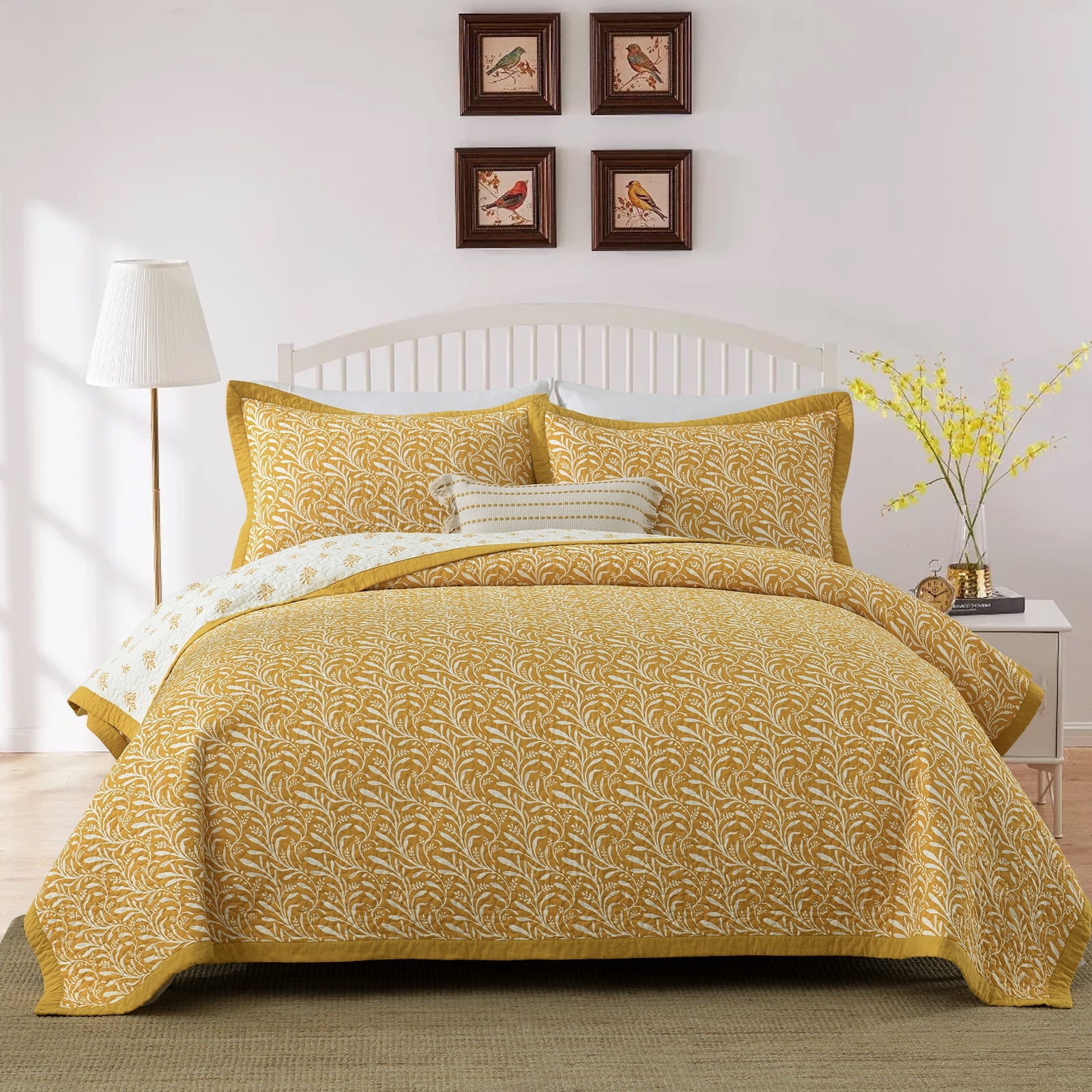 DUOHONG Queen Quilt Set 100% Cotton Farmhouse Lightweight Bedding Set, White/Tangerine Yellow, 90"W x 98"L