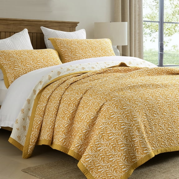 DUOHONG 3-Piece Lightweight Reversible Farmhouse Floral Yellow Quilt Sets, Queen