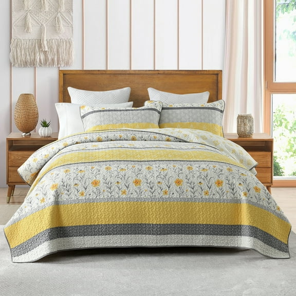 DUOHONG Queen Quilt Set 100% Cotton Farmhouse Lightweight Bedding Set, Yellow/Grey/White, 90"W x 98"L