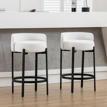 Set Of 4 Beige Boucle And Solid Ash Kitchen Stools With Back - Nyla