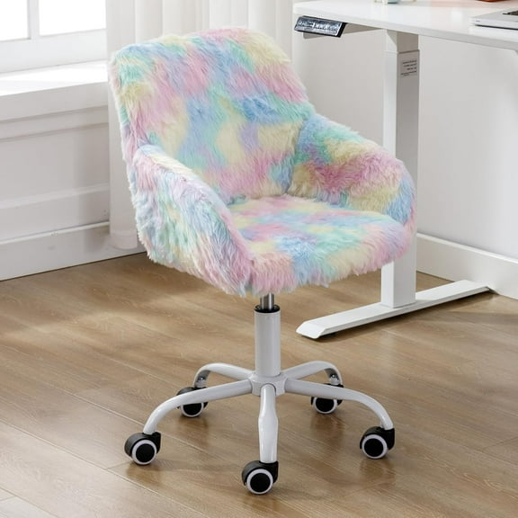 Kids Desk Chair, Faux Fur Colorful Upholstered Computer Chair for Boys and Girls, Cute Study Swivel Height Adjustable Arm Chair for Child, Rainbow Color