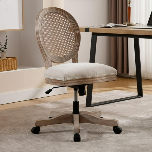 DUOMAY Linen Home Office Desk Chair, French Country Elegance with Rattan Backrest, Upholstered Executive Mid Back Task Chair Wood Adjustable Swivel Caster Chair in Beige