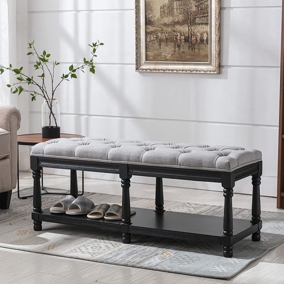 DUOMAY Mid-Century Tufted Storage with Shelf, Linen Upholstered Farmhouse Entryway Shoe Ottoman Bed End Stool for Bedroom Living Room Dining Room, Black Wood Frame, Grey
